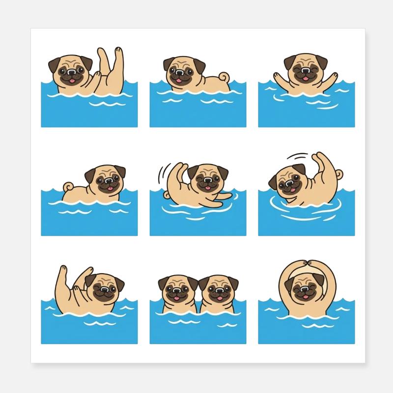 Schwimmender Mops Cartoon Für Hundefans Poster 20x20 cm