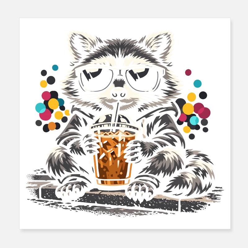 Raton laveur buvant du café glacé sucré mignon Poster 20 x 20 cm
