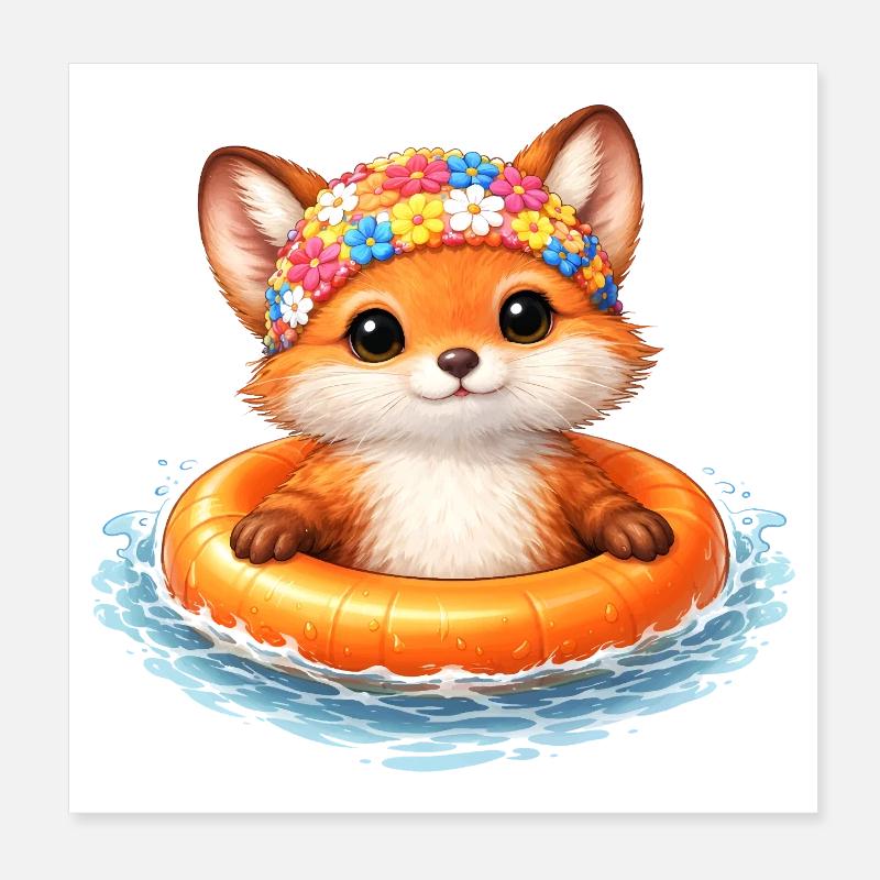 Süßer Fuchs mit Schwimmring  Poster 20x20 cm