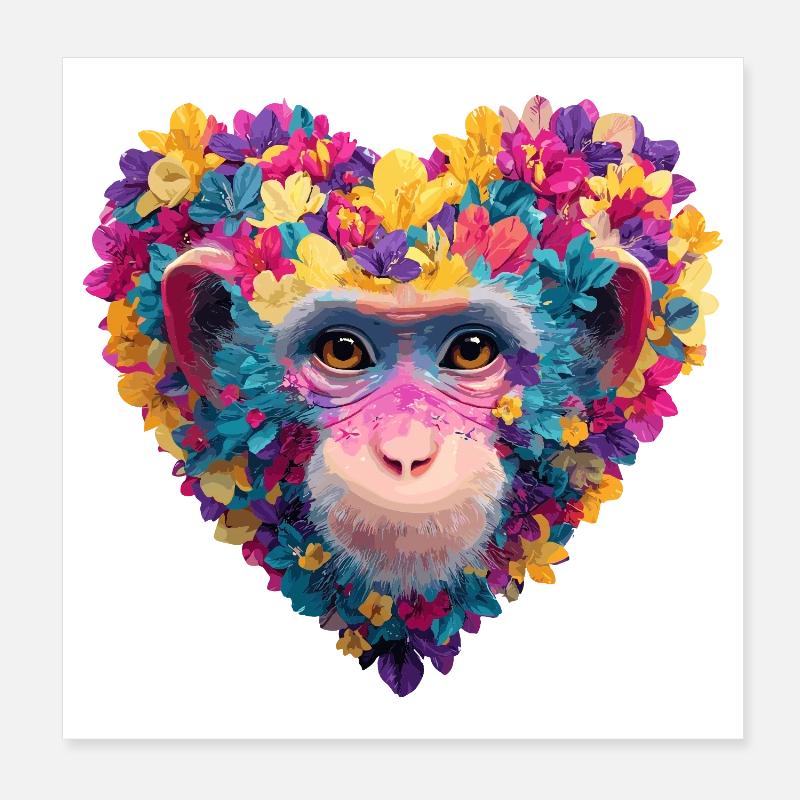 Jeu de couleurs cœur de singe avec guirlande de fleurs Poster 20 x 20 cm