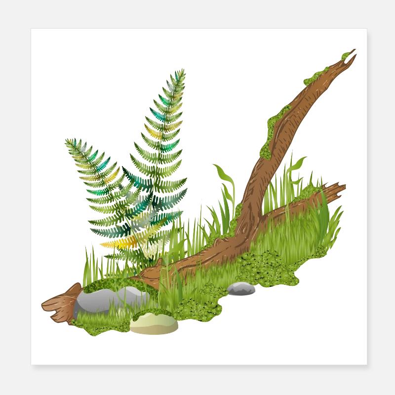 ein Stück abgebrochener vermooster Ast am Waldrand - Poster 20x20 cm - Weiß