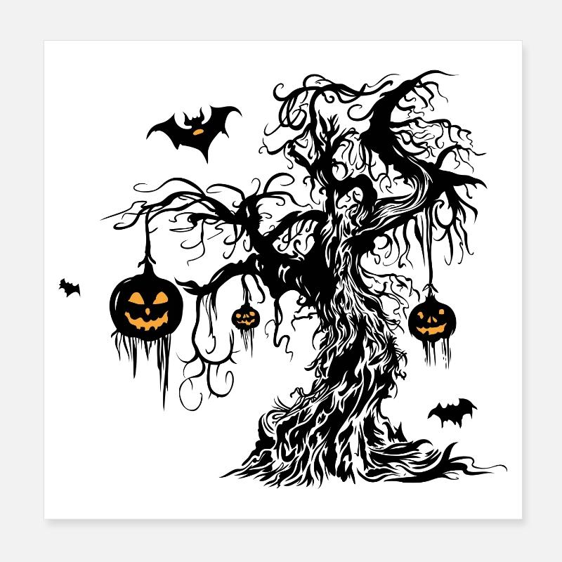 Halloween Tree with Pumpkin Lanterns Bat Poster 8" x 8" (20x20 cm)