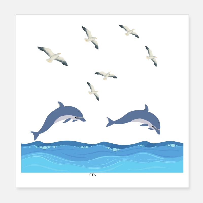 Dolphins Leap Over Azure Waves Poster 8" x 8" (20x20 cm)