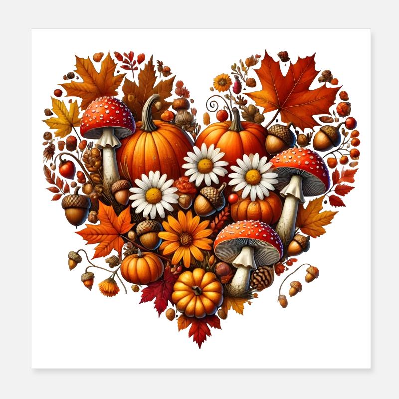 Cœur, rempli de citrouilles, de champignons et de feuilles d’automne Poster 20 x 20 cm