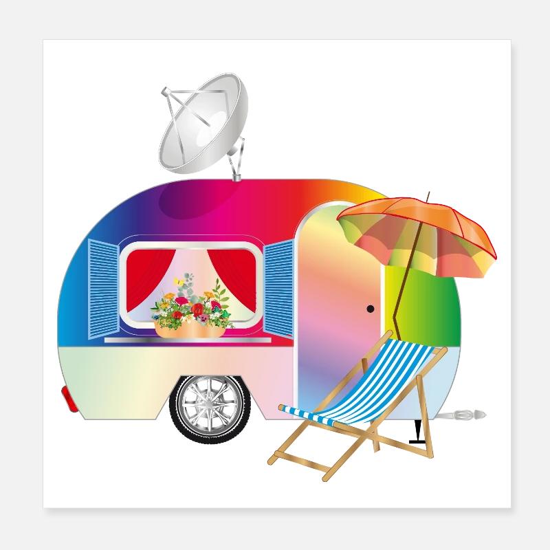 Bunter Retro-Wohnwagen mit Liegestuhl Poster 20x20 cm