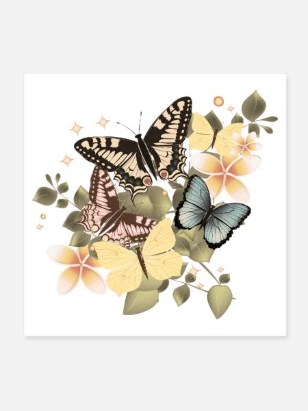 Papillons dans une mer de fleurs vintage - Poster 20 x 20 cm - blanc - Devant