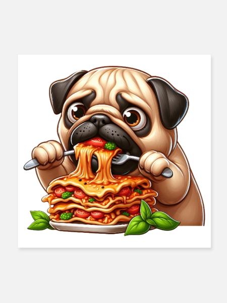 Pug Dog Lasagna Pasta Italian Food Enjoy - Poster 8" x 8" (20x20 cm) - white - Front