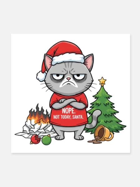Le sombre chat de Noël refuse le Père Noël - Poster 20 x 20 cm - blanc - Devant