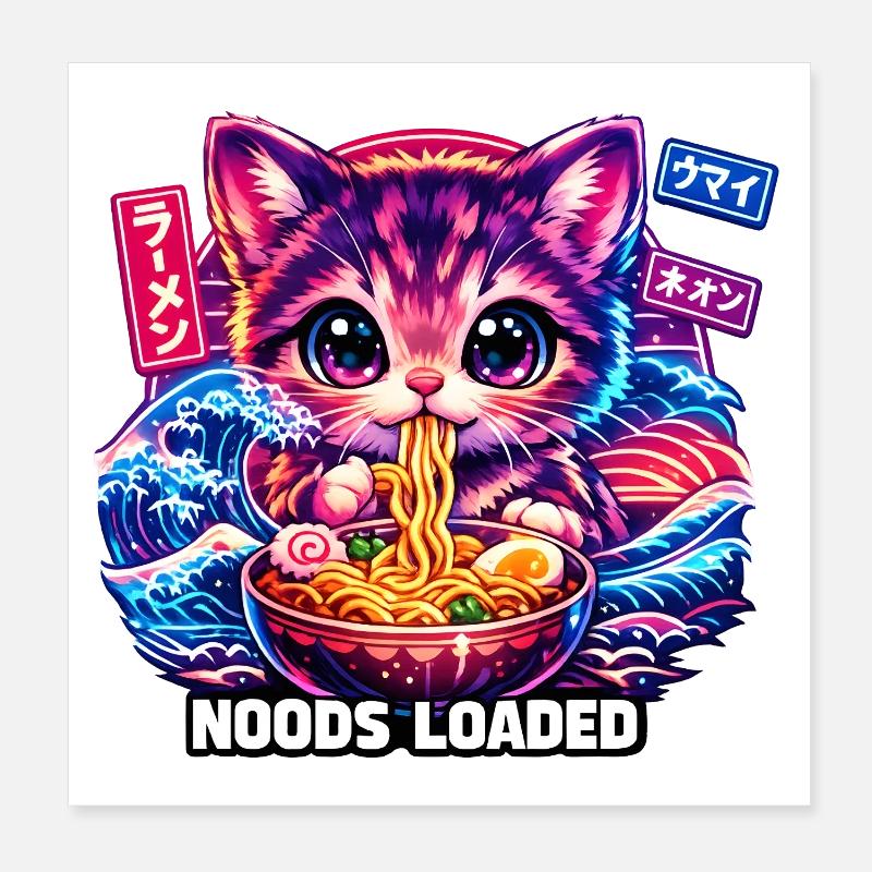 Neon Cat Ramen Noods Poster 8" x 8" (20x20 cm)