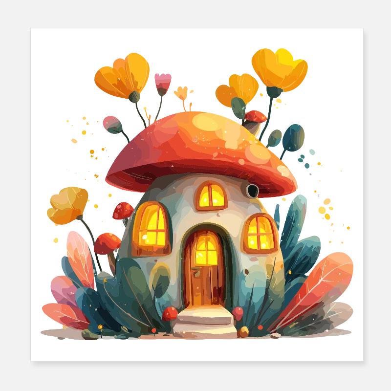 Maison Champignon Lumière de la Forêt Fantasme Poster 20 x 20 cm