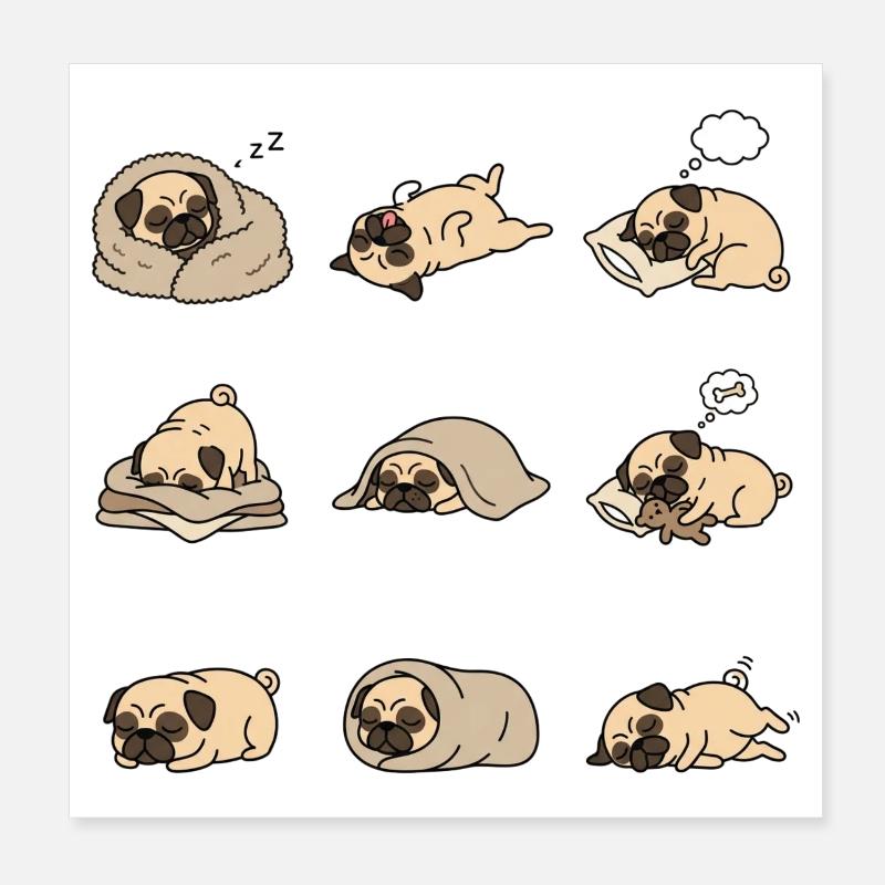 Schlafender Mops Neun Süße Pug Schlafposen Poster 20x20 cm