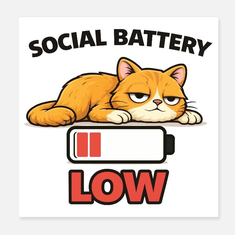 Low Battery Cat Graphic Tee Poster 8" x 8" (20x20 cm)
