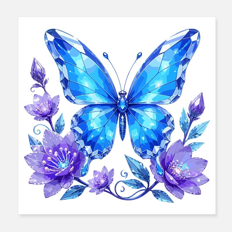 Blauer Kristallschmetterling mit Blumen Poster 20x20 cm