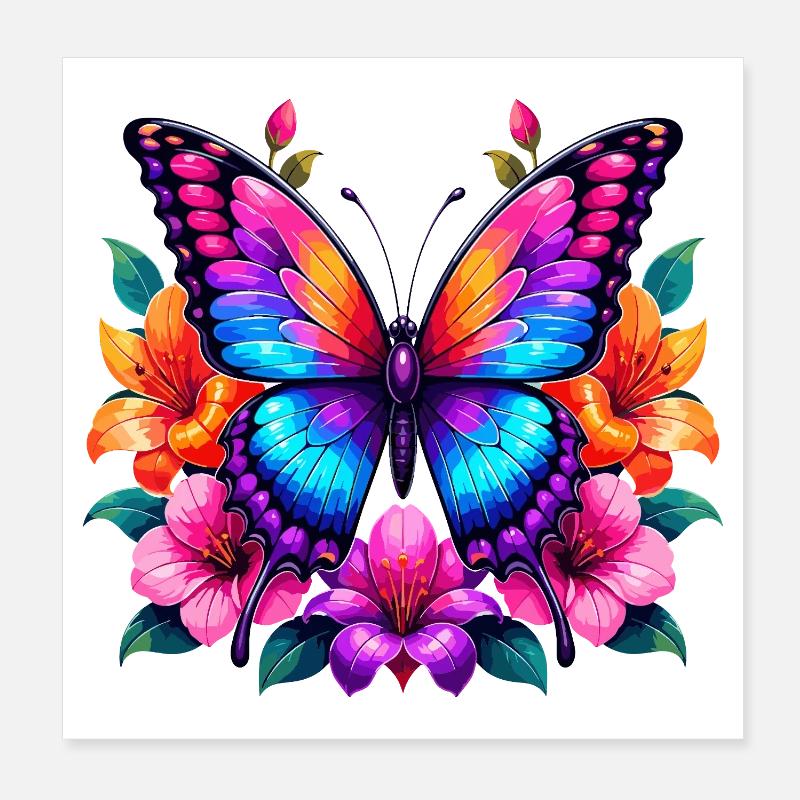 Papillon coloré avec des fleurs Poster 20 x 20 cm