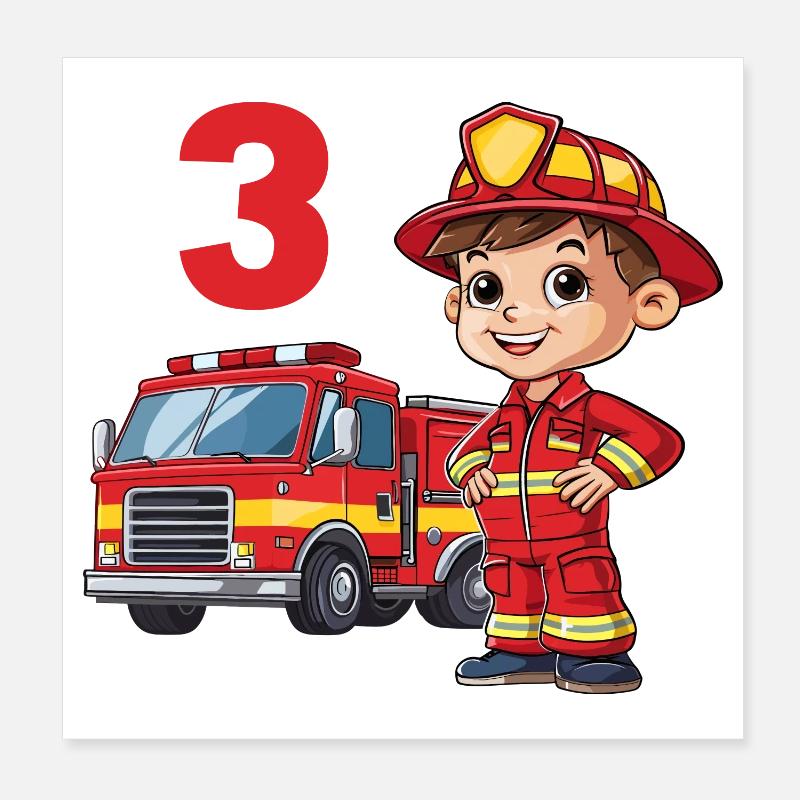 Camion de pompiers 3 anniversaire pompier pompier Poster 20 x 20 cm