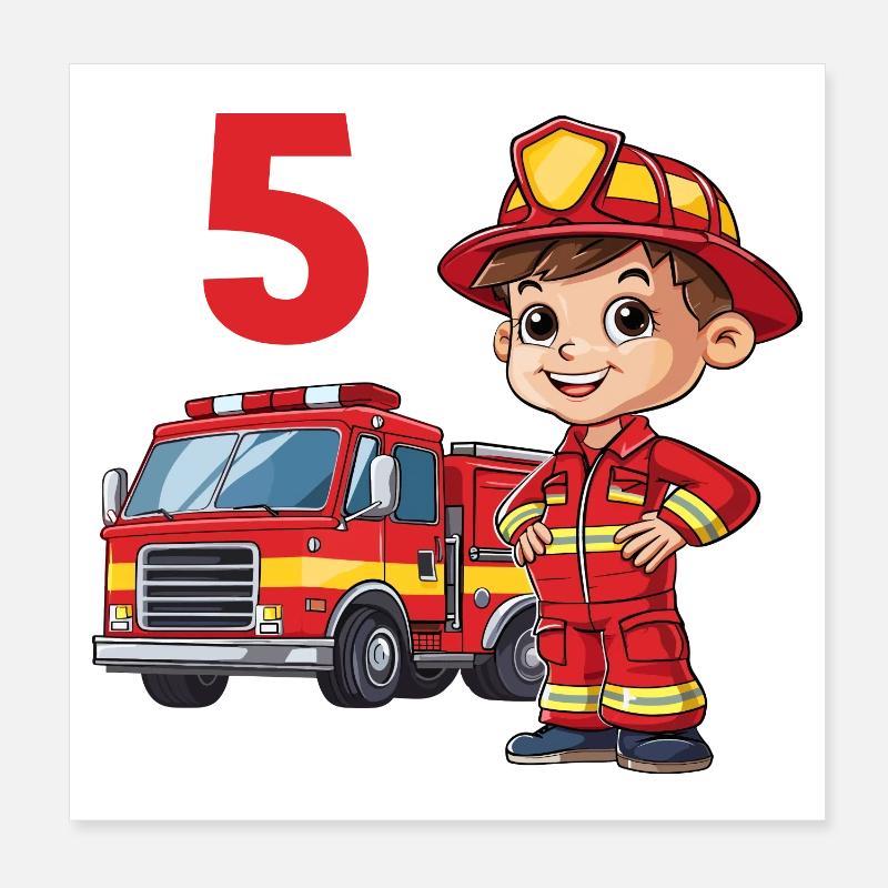 5 anniversaire pompier camion de pompiers camion de pompiers Poster 20 x 20 cm