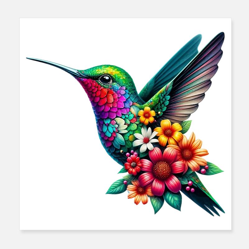 Colibri décoré de fleurs Poster 20 x 20 cm