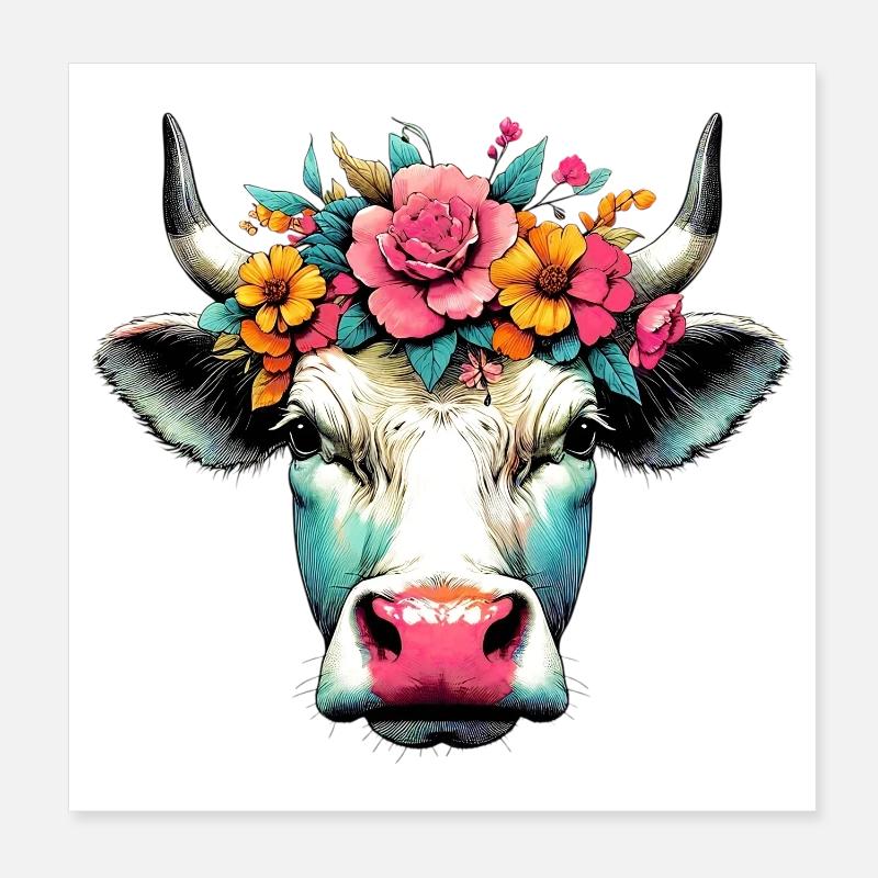 Kuh mit Blumen Poster 20x20 cm