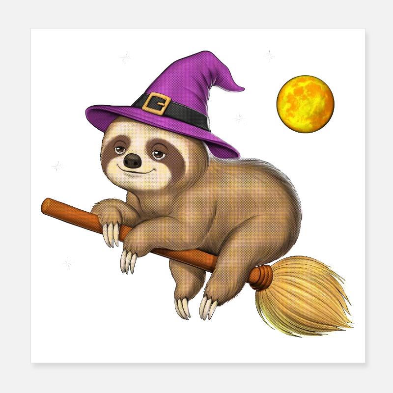 Sloth Witch Riding Broom Poster 8" x 8" (20x20 cm)
