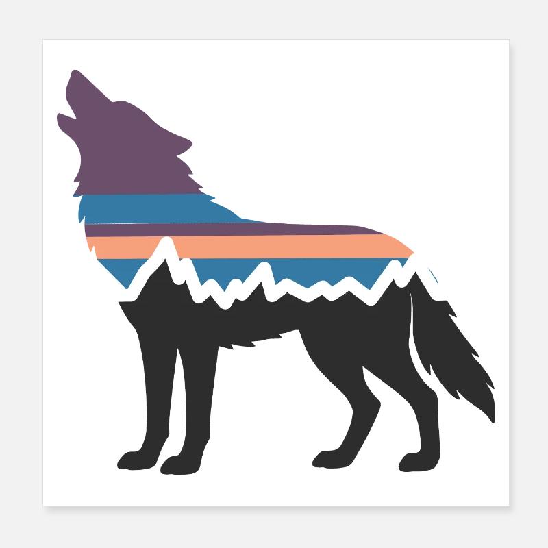 Wolf Hund Berg Landschaft Wald Wandern Silhouette - Poster 20x20 cm - Weiß