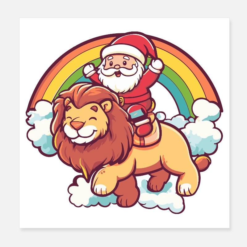 Lion Père Noël Noël - Poster 20 x 20 cm - blanc