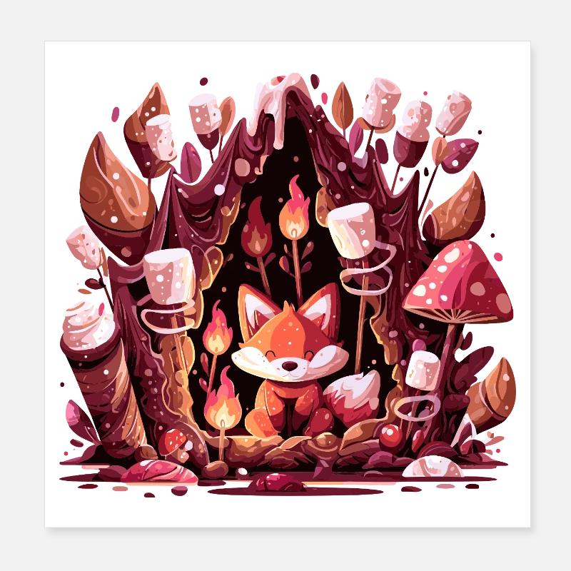 Fox in the mushroom forest fire Poster 8" x 8" (20x20 cm)