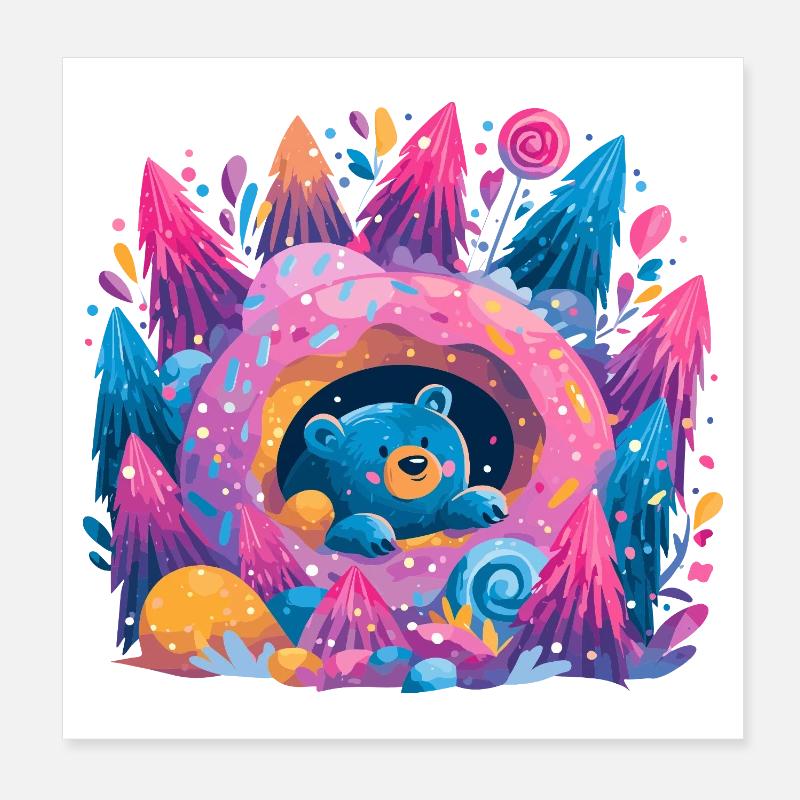 Ours dans Donut Dream Forêt de néons Poster 20 x 20 cm