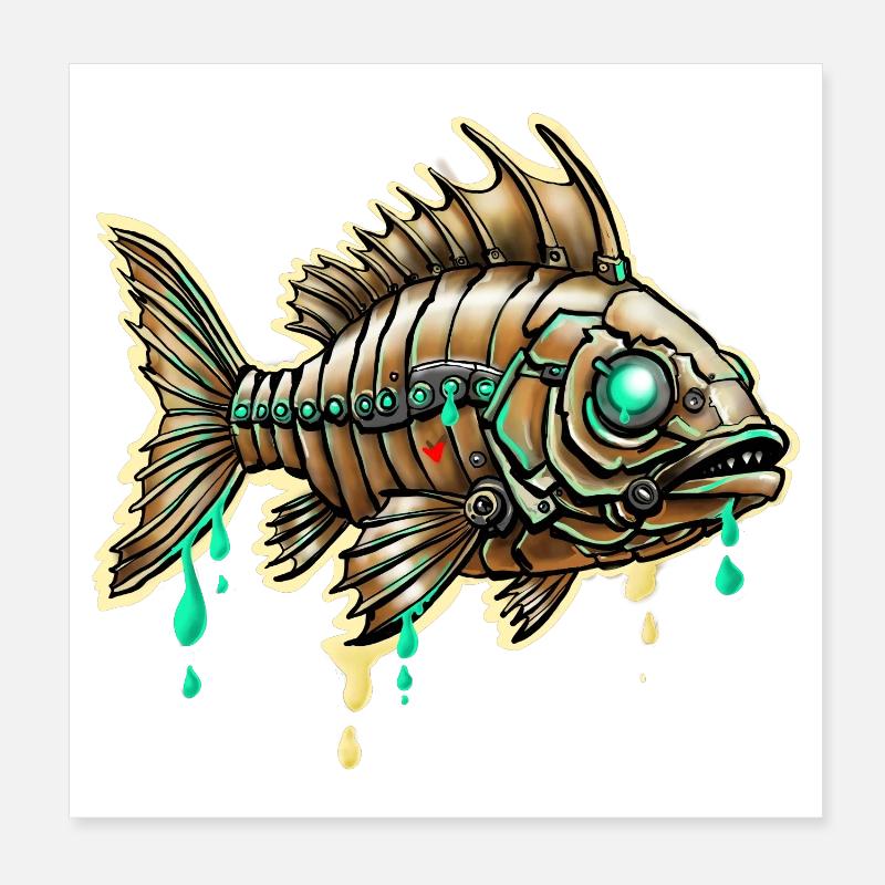 Poisson Steampunk cybernétique Poster 20 x 20 cm