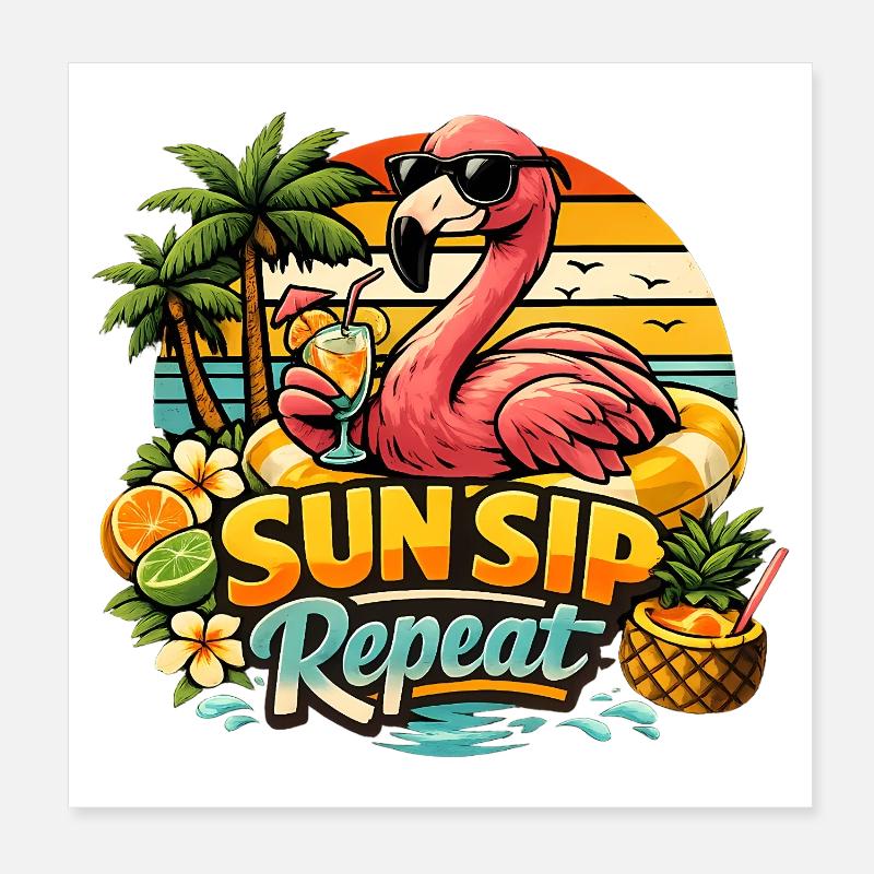 Flamingo Sommer Urlaub Sun Sip Repeat Poster 20x20 cm