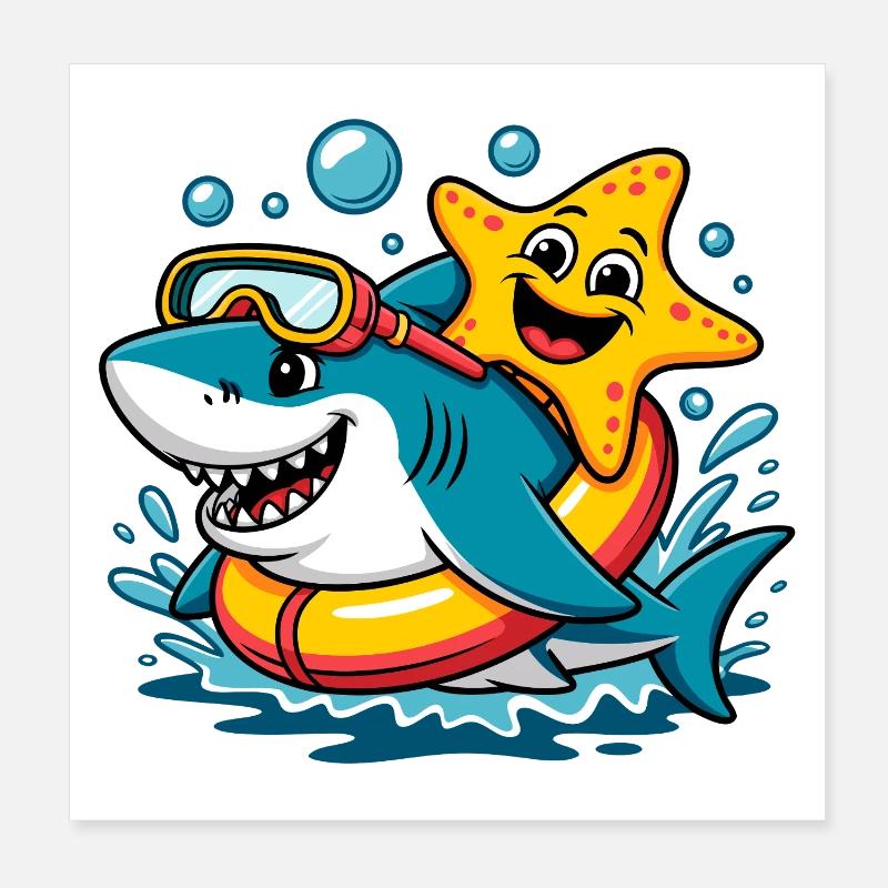 Requin drôle avec une étoile de mer Poster 20 x 20 cm