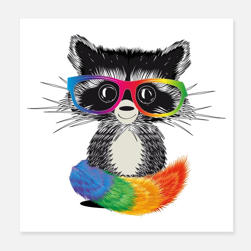 Waschbär mit Brille in Regenbogen Farben - Poster 20x20 cm - Weiß