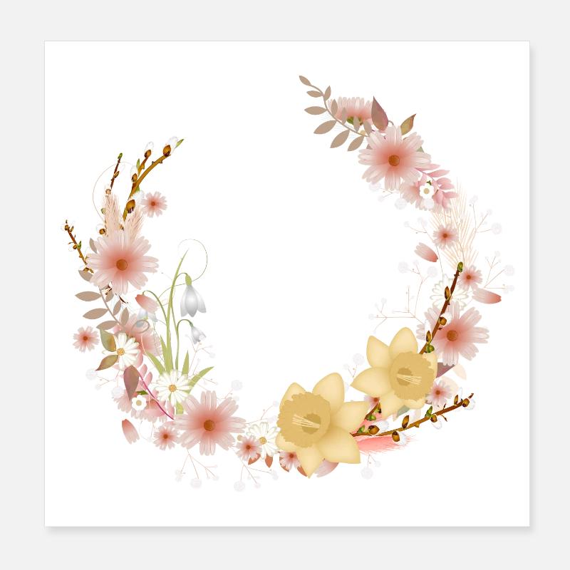 Blumenkranz Frühling Osterglocken und Palmkätzchen Poster 20x20 cm