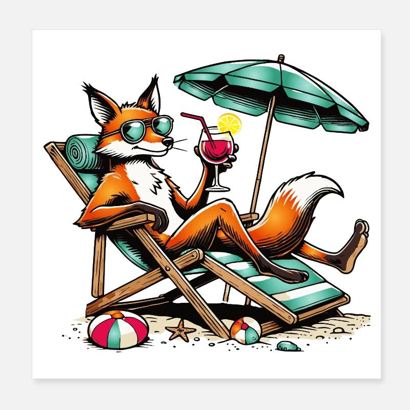 Cool cartoon fox on the beach on a lounger Poster 8" x 8" (20x20 cm)