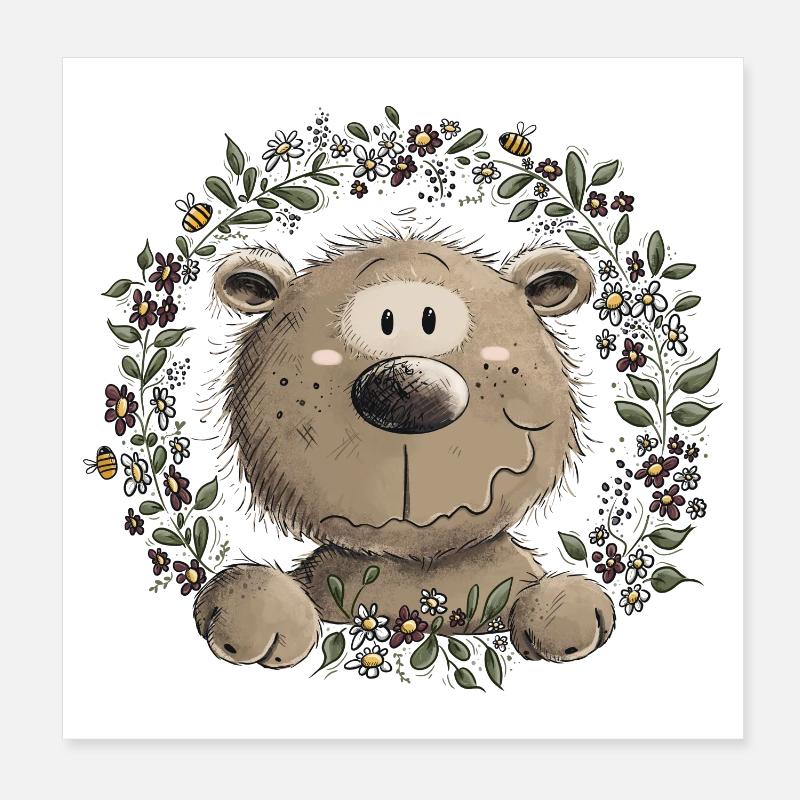 Droll Brown Bear Leaf Couronne Animal Sauvage Bande Dessinée Poster 20 x 20 cm