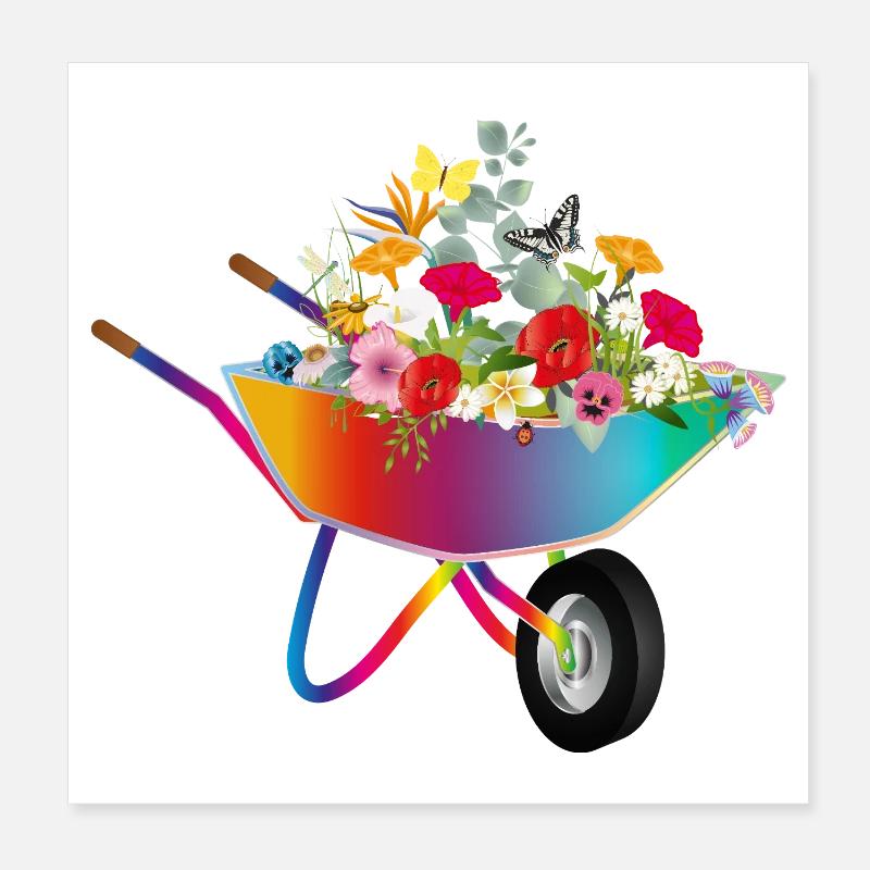 Brouette colorée avec des fleurs Poster 20 x 20 cm