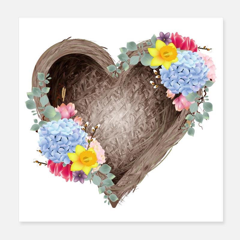 Nid d’oiseau en forme de cœur avec des fleurs printanières Poster 20 x 20 cm