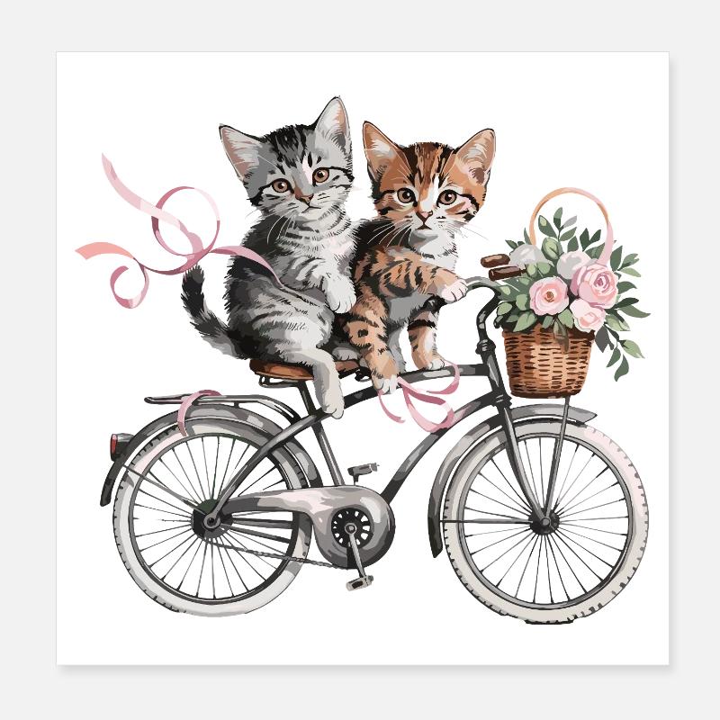 Des chatons mignons sur le vélo avec un panier de fleurs Poster 20 x 20 cm