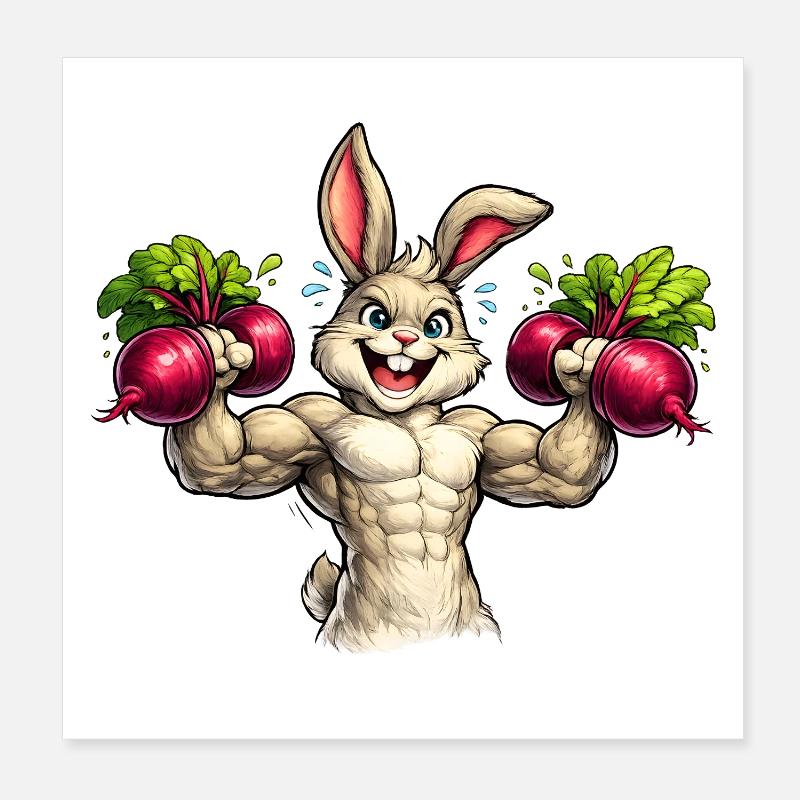 Hase im Gym mit Rote-Rüben-Hanteln  Poster 20x20 cm