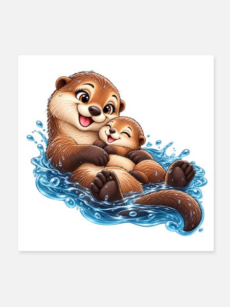 Ottermutter mit Baby – Süße Otter Kuschelzeit - Poster 20x20 cm - Weiß - Vorne