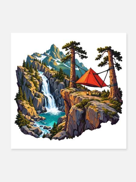 Felskessel-Camp mit Hängezelt und Wasserfall - Poster 20x20 cm - Weiß
