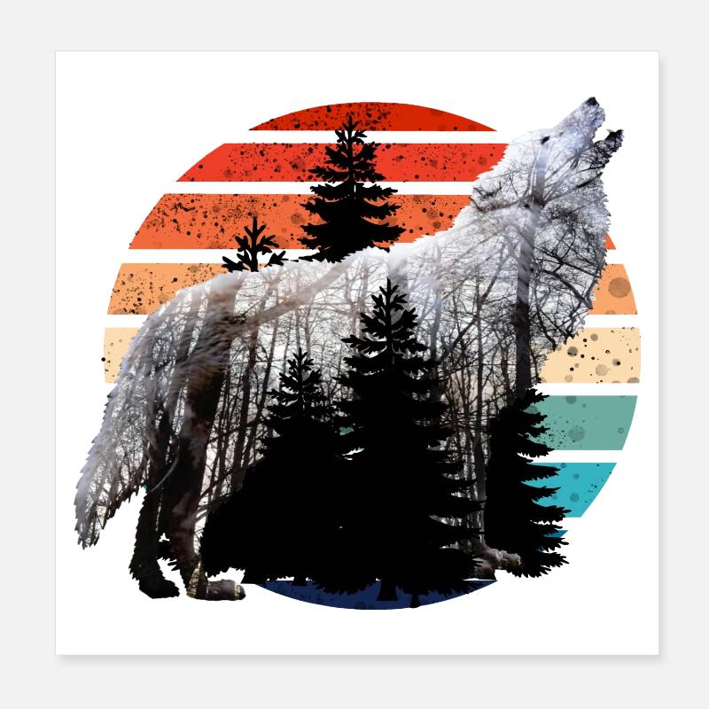 heulender Wolf Doppelbelichtung mit Retro Sunset Poster 20x20 cm