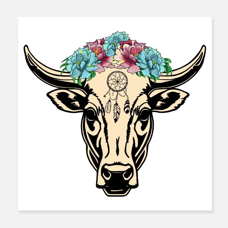 Cow Hippie Boho Poster 8" x 8" (20x20 cm)
