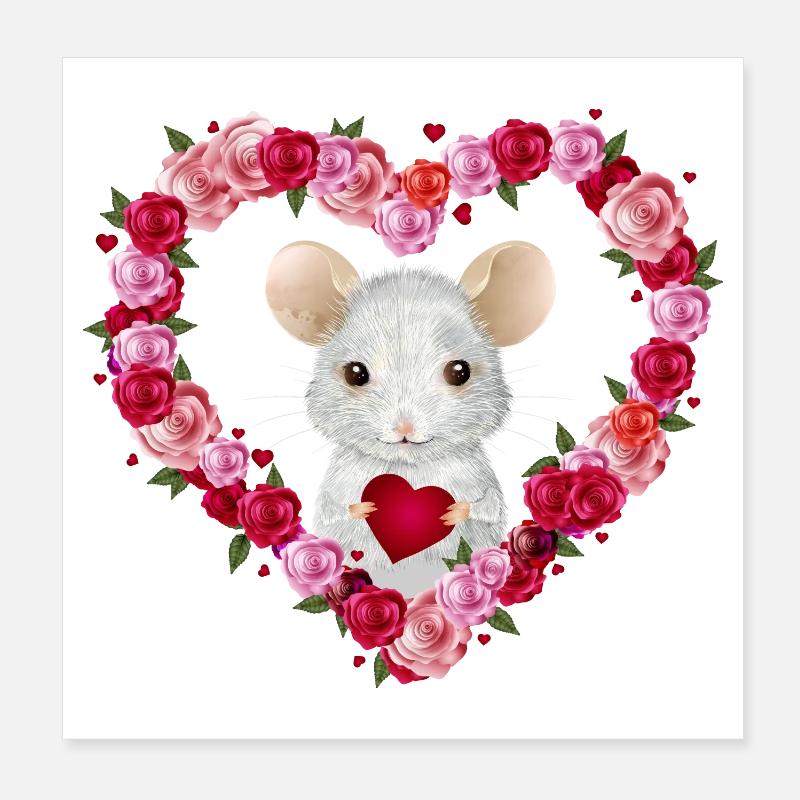 weiße Maus mit Rosen Herz zum Valentinstag Poster 20x20 cm