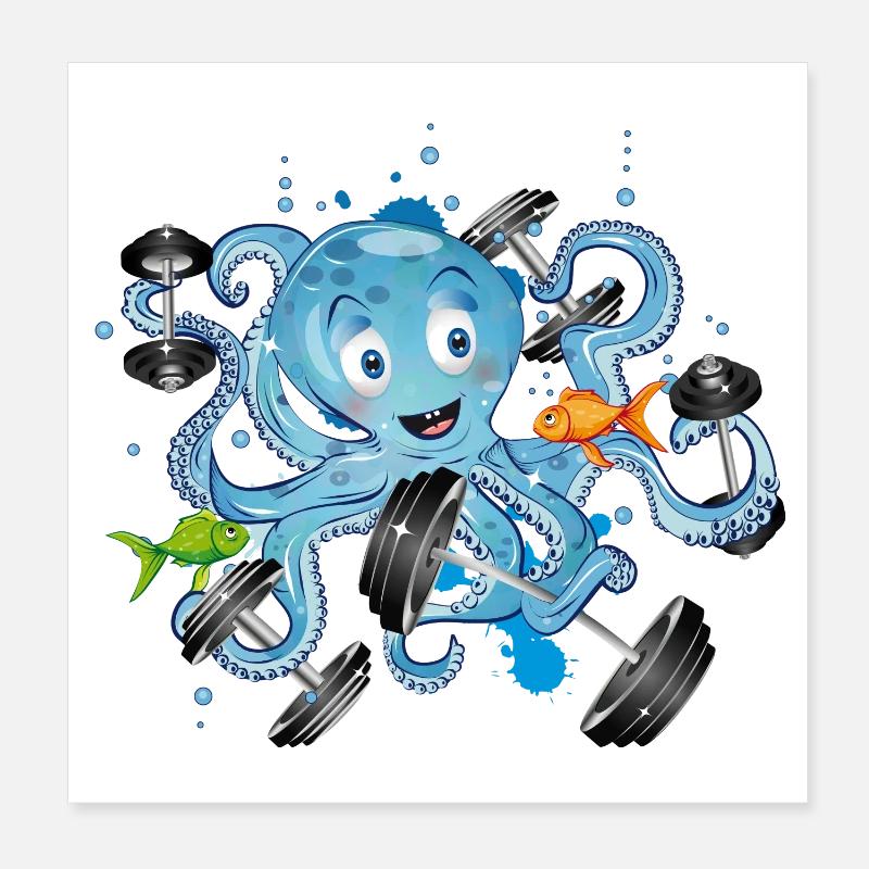 Bodybuilder Oktopus mit Hanteln beim Training Poster 20x20 cm