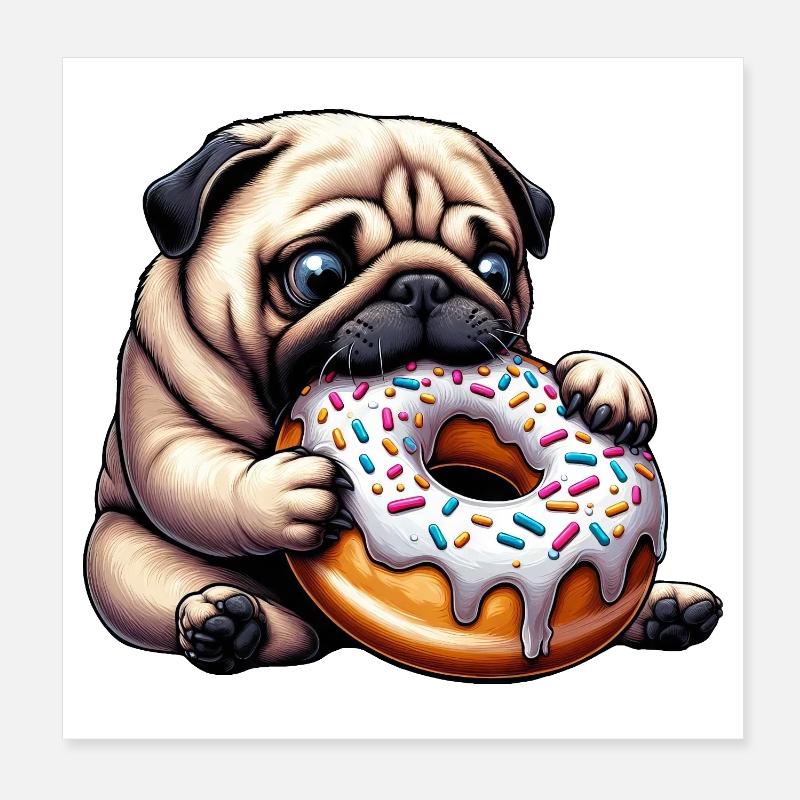 Carlin mignon avec beignet dessin animé Snacking drôle Poster 20 x 20 cm