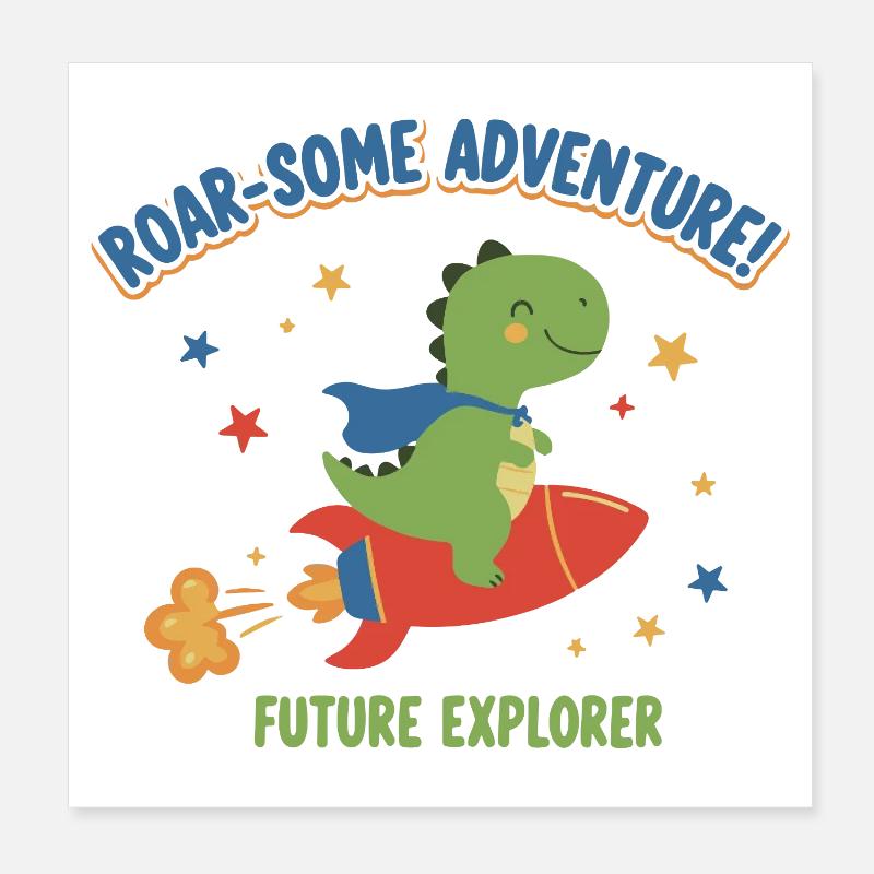 Dino on rocket adventure Poster 8" x 8" (20x20 cm)