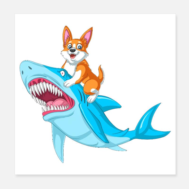 Chemise drôle d’animal drôle de requin chevauché de corgi Poster 20 x 20 cm