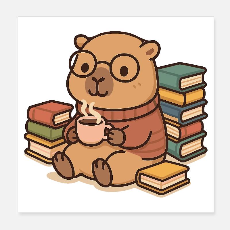 Capybara Leseratte – Bücher & Kaffee ☕📚 - Poster 20x20 cm - Weiß