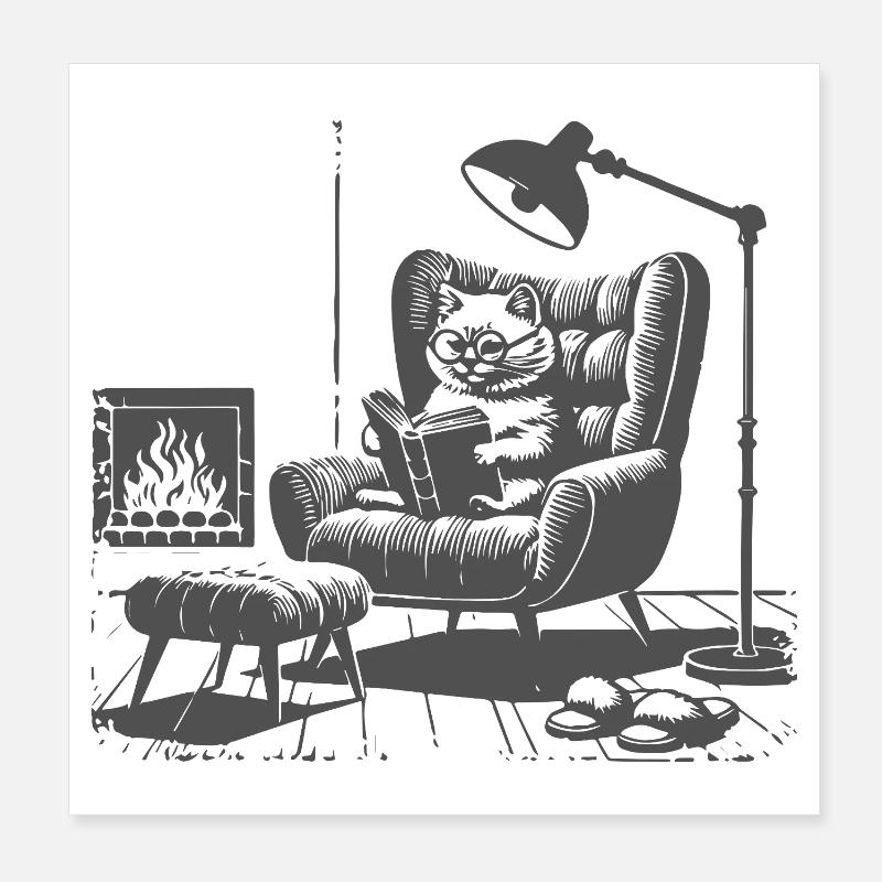 Chat de lecture au coin du feu – Funny Reading Design Poster 20 x 20 cm