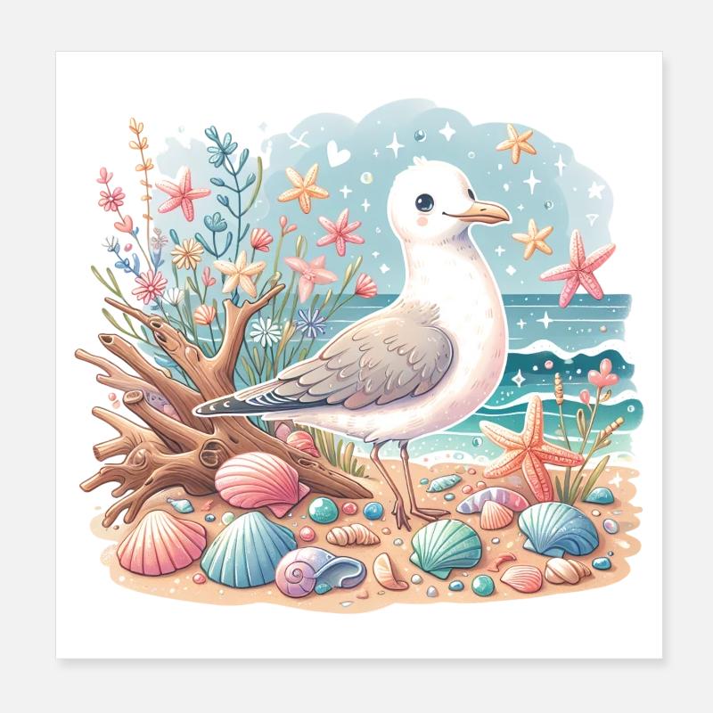 Seagull Beach Shells Maritime Coast Poster 8" x 8" (20x20 cm)